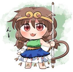 Rule 34 | 1girl, barefoot, blue dress, blush, brown hair, circlet, detached sleeves, dress, full body, green dress, hair between eyes, long hair, low twintails, monkey tail, multicolored clothes, multicolored dress, red eyes, rokugou daisuke, ruyi jingu bang, single detached sleeve, solo, son biten, tail, tongue, tongue out, touhou, twintails, white sleeves, yellow dress