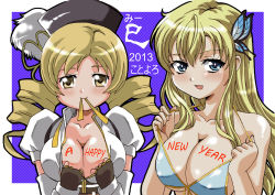 Rule 34 | 10s, 2013, 2girls, blonde hair, blue eyes, boku wa tomodachi ga sukunai, breasts, bug, butterfly, butterfly hair ornament, cleavage, crossover, drill hair, gloves, hair ornament, happy new year, hat, insect, kashiwazaki sena, kotoyoro, large breasts, long hair, looking at viewer, magical girl, mahou shoujo madoka magica, mahou shoujo madoka magica (anime), multiple girls, new year, open mouth, ranpu, swimsuit, tomoe mami, twin drills, twintails, yellow eyes