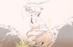 Rule 34 | 1girl, captain (kemono friends), hands on own knees, kemono friends, kimuse yellow, outdoors, peeing, sketch, solo, squatting