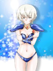 Rule 34 | 1girl, absurdres, armor, artist name, asagiri youko, asagiri youko (cosplay), bikini armor, blue background, blue eyes, breasts, cleavage, closed mouth, collar, commentary request, cosplay, cowboy shot, crossed arms, earrings, expressionless, genmu senki leda, girls und panzer, highres, hiyama yuu (wee259hiyama), jewelry, looking at viewer, medium breasts, metal collar, name connection, navel, partial commentary, pauldrons, short hair, shoulder armor, signature, silver hair, snowflake background, solo, standing, vambraces, youko (girls und panzer)