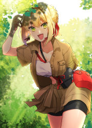 Rule 34 | 1girl, :d, absurdres, ahoge, bike shorts, black shorts, blonde hair, braid, braided bun, breasts, brown skirt, cleavage, collarbone, collared shirt, cowboy shot, crop top, day, fate/extra, fate/grand order, fate (series), green eyes, hair between eyes, hair bun, hair intakes, hair ribbon, heroic spirit traveling outfit, highres, leaning forward, looking at viewer, medium breasts, miniskirt, nero claudius (fate), nero claudius (fate) (all), nero claudius (fate/extra), nero claudius (traveling outfit) (fate), official alternate costume, open clothes, open mouth, outdoors, plant, popo ot, red ribbon, ribbon, shade, shirt, short hair, short shorts, short sleeves, shorts, skirt, smile, solo, standing, sunlight