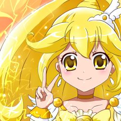 Rule 34 | 10s, 1girl, bad id, bad pixiv id, blonde hair, bow, choker, cure peace, eyelashes, hair flaps, hair ornament, hairpin, kaz (ryu-ria), kise yayoi, long hair, magical girl, orange background, precure, smile, smile precure!, solo, v, wide ponytail, yellow bow, yellow eyes, yellow theme