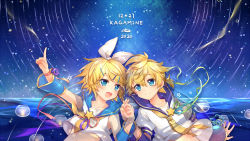 Rule 34 | 1boy, 1girl, :d, arm up, bare shoulders, black sailor collar, blonde hair, blue eyes, blue sailor collar, blue sleeves, brother and sister, character name, closed mouth, commentary request, crop top, dated, detached sleeves, hair between eyes, hair ornament, hair ribbon, hairclip, highres, holding hands, kagamine len, kagamine rin, layered sleeves, leeannpippisum, long sleeves, navel, neckerchief, necktie, open mouth, outstretched arm, pointing, puffy short sleeves, puffy sleeves, ribbon, sailor collar, school uniform, see-through, see-through sleeves, serafuku, shirt, short over long sleeves, short sleeves, siblings, sleeveless, sleeveless shirt, smile, star (symbol), twins, vocaloid, white ribbon, white shirt, yellow neckerchief