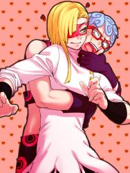 Rule 34 | 2boys, anger vein, black gloves, blonde hair, blue hair, curly hair, ghiaccio, glasses, gloves, green eyes, heart, heart background, jojo no kimyou na bouken, male focus, mask, melone, multiple boys, open mouth, sweatdrop, tongue, tongue out, yaeten1, yaoi