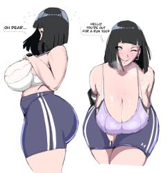 Rule 34 | 1girl, :&gt;, ass, bare shoulders, bike shorts, black hair, blunt bangs, blush, bob cut, boruto: naruto next generations, bra, breast suppress, breasts, breath, cleavage, closed mouth, earrings, english text, feet out of frame, female focus, from side, groin, hands on own chest, hands up, happy, highres, huge ass, huge breasts, hyuuga hinata, jewelry, large breasts, purple eyes, leaning forward, legs, light blush, looking at viewer, mature female, medium hair, multiple views, naruto (series), one eye closed, short hair, simple background, smile, solo, speech bubble, standing, sweat, thick thighs, thighs, ultivlad, underwear, white background, wink
