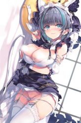 Rule 34 | 1girl, :3, aqua eyes, azur lane, black hair, blue nails, blush, breasts, cheshire (azur lane), cleavage, detached sleeves, dress, earrings, frills, garter straps, hairband, jewelry, large breasts, light censor, looking at viewer, lying, maid headdress, multicolored hair, nail polish, nipple slip, nipples, on side, panties, panty pull, puffy sleeves, ribbon, sidelocks, smile, solo, streaked hair, thighhighs, thighs, tomose shunsaku, underwear, white thighhighs, wrist cuffs