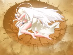 Rule 34 | 1girl, aged down, angel wings, ass, barefoot, blonde hair, child, dragon ball, dragonball z, feathers, feet, flat chest, game cg, ilias, jewelry, long hair, lots of jewelry, lying, meme, mon-musu quest!, mon-musu quest: paradox, on ground, parody, scene reference, sidelocks, solo, tiara, wings, yamcha pose (meme)