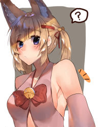 Rule 34 | 1girl, ?, alternate breast size, animal ear fluff, animal ears, bad id, bad nicoseiga id, bare shoulders, blonde hair, blue eyes, blush, breasts, closed mouth, collarbone, fox ears, inusaka, kemomimi oukoku kokuei housou, looking at viewer, medium breasts, mikoko (kemomimi oukoku kokuei housou), short hair, short twintails, sideboob, solo, speech bubble, spoken question mark, twintails, upper body, virtual youtuber