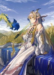 1girl absurdres arknights arm_support asakara bare_shoulders beads belt blonde_hair blue_hair blue_sky closed_mouth collarbone colored_extremities commentary day dragon_girl dragon_horns dragon_tail earrings feet_out_of_frame green_eyes grey_hair hair_between_eyes hair_intakes highres holding holding_sword holding_weapon horns jacket jewelry light_smile long_hair long_sleeves looking_up multicolored_hair necklace off_shoulder outdoors pants plant pointy_ears shu_(arknights) sitting sky solo strapless sword tail tube_top very_long_hair weapon wheat wheat_field white_belt white_jacket white_pants white_tube_top