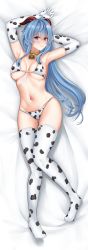 Rule 34 | 1girl, absurdres, animal print, arm behind head, armpits, bikini, blue hair, blush, bra, breasts, closed mouth, cow horns, cow print, cozie178, elbow gloves, full body, ganyu (genshin impact), genshin impact, gloves, highres, horns, lips, long hair, looking at viewer, lying, medium breasts, navel, on bed, panties, print bra, print gloves, print panties, print thighhighs, purple eyes, simple background, smile, solo, stomach, swimsuit, thighhighs, underwear, white bra, white gloves, white panties, white thighhighs
