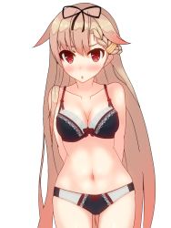 Rule 34 | 10s, 1girl, :o, arms behind back, asakura meito, bare shoulders, black bra, black panties, bra, braid, breasts, cleavage, collarbone, cowboy shot, french braid, hair flaps, hair ornament, hair ribbon, hairclip, heart, heart-shaped pupils, highres, kantai collection, lingerie, long hair, looking at viewer, medium breasts, navel, panties, pink hair, red eyes, ribbon, simple background, solo, symbol-shaped pupils, underwear, underwear only, very long hair, white background, yuudachi (kancolle), yuudachi kai ni (kancolle)