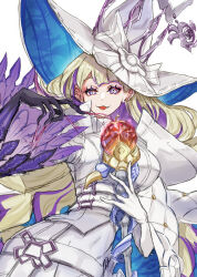 Rule 34 | 1girl, belt, blonde hair, breasts, covered navel, diabellze the original sinkeeper, duel monster, eye of horus, feathers, gloves, hat, highres, holding, holding staff, large breasts, large hat, long hair, medium breasts, multicolored hair, noppe, open mouth, purple hair, smile, solo, staff, streaked hair, witch, witch hat, yu-gi-oh!