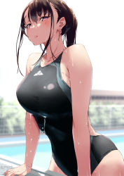 Rule 34 | 1girl, breasts, brown hair, commentary request, competition swimsuit, earrings, hair between eyes, jewelry, jonsun, large breasts, looking at viewer, mole, mole under eye, one-piece swimsuit, original, outdoors, pink eyes, ponytail, pool, short hair, solo, swimsuit, wet