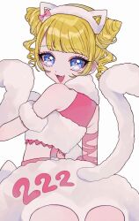 Rule 34 | 1girl, :3, :d, animal ear hairband, animal ears, animal hands, ao (ao0 0nemu), armlet, bare shoulders, blonde hair, blue eyes, blunt bangs, cat ear hairband, cat ears, cat tail, cone hair bun, dot nose, double bun, fake animal ears, fake tail, fang, from behind, fur shirt, fur skirt, gloves, hair bun, hairband, highres, looking at viewer, looking back, minami mirei, open mouth, paw gloves, paw pose, pretty series, pripara, shirt, short hair, simple background, skirt, smile, solo, suspenders, tail, tareme, third-party source, white background, white hairband, white shirt, white skirt