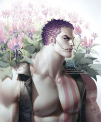 Rule 34 | 1boy, abs, arm tattoo, bara, bare pectorals, charlotte katakuri, chest tattoo, floral background, jacket, large pectorals, leather, leather jacket, looking to the side, male focus, muscular, muscular male, one piece, open clothes, open jacket, pectorals, pink hair, sephirona, short hair, solo, stitches, tattoo, tusks, upper body, zipper