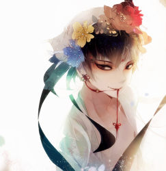 Rule 34 | 10s, 1boy, bandana, black hair, earrings, eyeshadow, flower, hair flower, hair ornament, hakutaku (hoozuki no reitetsu), hoozuki no reitetsu, jewelry, left mouse, light particles, looking at viewer, makeup, male focus, mouth hold, open clothes, smile, solo