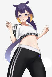Rule 34 | 1girl, black sports bra, blue eyes, blunt bangs, blush, breasts, cameltoe, character name, clothes writing, commentary, company name, crop top, crop top overhang, english commentary, gluteal fold, gradient hair, highres, hololive, hololive dance practice uniform, hololive english, ku roiko, long hair, looking at viewer, midriff, multicolored hair, navel, ninomae ina&#039;nis, official alternate costume, open mouth, orange hair, pants, ponytail, purple hair, shirt, sidelocks, simple background, small breasts, solo, sports bra, standing, sweat, t-shirt, tentacle hair, two-tone hair, very long hair, virtual youtuber, white background, white shirt, yoga pants