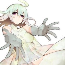 Rule 34 | 10s, 1girl, ahoge, bare shoulders, breasts, cleavage, collarbone, gloves, grey gloves, hajimari no lrig, highres, hitoto, lostorage wixoss, medium breasts, outstretched arms, outstretched hand, parted lips, purple eyes, silver hair, solo, thighhighs, wixoss