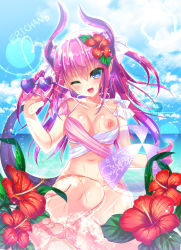 Rule 34 | 1girl, ;d, alternate breast size, asymmetrical horns, bad id, bad pixiv id, ball, beachball, bikini, blue eyes, blue sky, blush, breasts, cloud, collarbone, curled horns, day, dragon girl, dragon horns, dragon tail, elizabeth bathory (fate), elizabeth bathory (fate/extra ccc), unworn eyewear, fate/extra, fate/extra ccc, fate/grand order, fate (series), flower, hair between eyes, head tilt, heart, heart-shaped eyewear, hibiscus, holding, holding removed eyewear, horns, long hair, looking at viewer, nae-nae, nipples, one breast out, one eye closed, open mouth, outdoors, pink hair, pointy ears, sidelocks, sky, small breasts, smile, solo, sunglasses, swimsuit, tail, two side up, uneven horns, wet