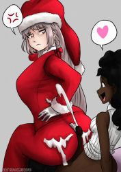 Rule 34 | 1futa, 1girl, angry, ass, black hair, breasts, buttjob, buttjob over clothes, christmas, clothed sex, clothes, cum, cum on ass, cum on body, cum on clothes, cum on lower body, dark-skinned female, dark skin, ejaculation, fate/grand order, fate (series), florence nightingale (fate), futa with female, futanari, grey hair, hat, heart, huge breasts, interracial, long hair, medium breasts, open clothes, open mouth, penis, sitting, sitting on person, smile, speech bubble, umeyiyo