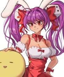 Rule 34 | 1girl, absurdres, animal ears, bow, bowtie, breasts, cleavage, closed mouth, di gi charat, dice hair ornament, gema, hair bow, hair ornament, heart, high-waist skirt, highres, medium breasts, medium hair, petra (jgc845601), purple hair, rabbit ears, red bow, red eyes, red skirt, simple background, skirt, smile, solo, suspender skirt, suspenders, twintails, upper body, usada hikaru, white background
