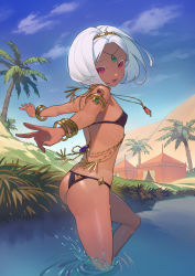 Rule 34 | 1girl, armlet, ass, bangle, bare shoulders, bikini, black bikini, bracelet, breasts, circlet, dark-skinned female, dark skin, day, halterneck, highres, jewelry, looking at viewer, looking back, neck ring, necklace, oasis, open mouth, original, outdoors, outstretched arms, palm tree, parted bangs, red eyes, short hair, sky, small breasts, solo, string bikini, swimsuit, tent, thighs, tree, wading, water, wet, white hair