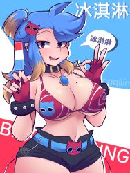 Rule 34 | 1girl, artist name, bikini, black eyes, black shorts, blonde hair, blue hair, blush, borrowed character, breasts, chocotoffy, choker, cleavage, collarbone, ear piercing, eyeshadow, fingerless gloves, gloves, highres, holding food, holding popsicle, large breasts, lips, long hair, makeup, mole, mole on breast, mole under eye, multicolored hair, navel, open mouth, orange eyeshadow, original, piercing, popsicle, red bikini, red gloves, short shorts, shorts, smile, solo, speech bubble, stray (scott malin), swimsuit, teeth, translation request, upper teeth only