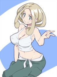 Rule 34 | 1girl, bad id, bad pixiv id, bare shoulders, blonde hair, blue background, blush, breasts, cleavage, covered erect nipples, creatures (company), crop top, female focus, game freak, green eyes, green pants, hand up, large breasts, looking at viewer, midriff, navel, nintendo, no bra, outline, pants, pokemon, pokemon xy, shiny skin, shirt, short hair, simple background, sitting, sleeveless, sleeveless shirt, smile, solo, stomach, tank top, two-tone background, v, viola (pokemon), white shirt, white tank top, zaitsu