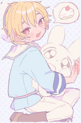 Rule 34 | 1boy, androgynous, blonde hair, blue shirt, blush, boots, cake, ensemble stars!, food, holding, holding stuffed toy, blue background, looking at viewer, male focus, nito nazuna, open mouth, pants, pink background, polka dot, polka dot background, red eyes, sailor collar, shirt, short hair, smile, solo, strawberry shortcake, stuffed animal, stuffed rabbit, stuffed toy, usa tyan, white pants, white sailor collar
