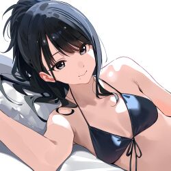 Rule 34 | 1girl, backlighting, bikini, black bikini, black eyes, black hair, breasts, closed mouth, commentary request, front-tie bikini top, front-tie top, halterneck, highres, idolmaster, idolmaster shiny colors, kazano hiori, kinjin, light smile, looking at viewer, lying, mole, mole under mouth, on side, ponytail, small breasts, solo, string bikini, swept bangs, swimsuit