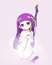 Rule 34 | 1girl, barefoot, chibi, dissolving clothes, feet, fern (sousou no frieren), highres, holding, holding staff, l.eleven, long hair, looking at viewer, potion, purple background, purple eyes, purple hair, seiza, simple background, sitting, smoke, solo, sousou no frieren, staff, wooden staff