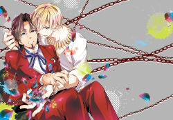 Rule 34 | 2boys, blonde hair, blue eyes, bracelet, brown hair, chain, command spell, facial hair, fate/zero, fate (series), flower, formal, gilgamesh (fate), goatee, ichitaka, jewelry, male focus, multiple boys, necklace, official alternate costume, red eyes, ribbon, suit, tohsaka tokiomi