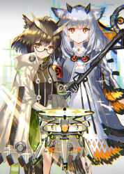 Rule 34 | 2girls, arknights, armband, black-framed eyewear, brown eyes, brown hair, coat, commentary request, dress, drone, expressionless, feather hair, glasses, highres, holding, holding staff, long hair, looking at viewer, multiple girls, orange eyes, owl ears, ptilopsis (arknights), ran&#039;ou (tamago no kimi), semi-rimless eyewear, silence (arknights), silver hair, staff, standing, veil, white coat, white dress
