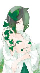 Rule 34 | 1girl, absurdres, ahoge, breasts, dungeon ni deai wo motomeru no wa machigatteiru darou ka, eyebrows hidden by hair, green hair, hair over one eye, highres, hitachi chigusa, leaf, looking at viewer, novel illustration, official art, parted bangs, plant, plant request, small breasts, solo, standing, upper body, yasuda suzuhito