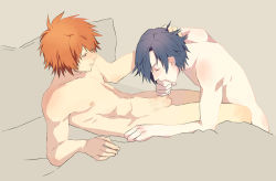 Rule 34 | 10s, 2boys, arm support, bad id, bad pixiv id, bed, beige background, blue hair, closed eyes, couple, ebkokko, fellatio, hand on another&#039;s head, ichinose tokiya, ittoki otoya, kneeling, looking at another, lying, male focus, male pubic hair, multiple boys, nipples, nude, on back, oral, penis, pillow, profile, pubic hair, red eyes, red hair, short hair, simple background, sketch, smile, testicles, toned, uta no prince-sama, yaoi