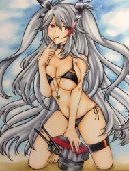 Rule 34 | 1girl, absurdres, anchor, antenna hair, azur lane, bare arms, bare shoulders, beach, bikini, black bikini, black choker, black ribbon, blue sky, blush, breasts, bright pupils, choker, cleavage, closed mouth, cloud, cloudy sky, collarbone, cross, cross earrings, day, earrings, eyebrows, eyelashes, facing away, finger to mouth, fingernails, flag print, floating hair, german flag, german flag bikini, groin, hair between eyes, hair ribbon, highres, jewelry, kneeling, large breasts, legs apart, light particles, lips, long hair, looking away, looking to the side, multicolored hair, navel, ocean, orange eyes, painting (medium), prinz eugen (azur lane), prinz eugen (unfading smile) (azur lane), red hair, ribbon, sakurasakisaki, sand, side-tie bikini bottom, silver hair, sky, smile, solo, stomach, streaked hair, swimsuit, thigh strap, toenails, tongue, tongue out, traditional media, tsurime, turret, two-tone hair, two side up, underboob, very long hair, water, watercolor (medium), white pupils