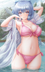 Rule 34 | 1girl, aged up, akino irori, alternate breast size, alternate costume, alternate hair length, alternate hairstyle, arm behind head, armpits, arms up, bikini, blue eyes, blue hair, blue sky, blush, breasts, cirno, cleavage, cloud, collarbone, commentary request, day, front-tie bikini top, front-tie top, hair ribbon, highres, jacket, large breasts, long hair, looking at viewer, navel, open clothes, open jacket, open mouth, outdoors, pink bikini, ribbon, see-through, see-through jacket, side-tie bikini bottom, sideboob, sky, smile, solo, standing, swimsuit, teeth, touhou, tree, upper teeth only, very long hair, wading, water, white jacket, wings