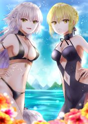 Rule 34 | 2girls, absurdres, ahoge, artoria pendragon (all), artoria pendragon (alter swimsuit rider) (third ascension) (fate), artoria pendragon (fate), ayamu (igakato), bad id, bad pixiv id, bare shoulders, bikini, black bikini, black dress, blonde hair, blue sky, braid, breasts, cleavage, closed mouth, clothing cutout, collarbone, day, dress, dress swimsuit, fate/grand order, fate (series), flower, french braid, heroic spirit festival outfit, highres, jeanne d&#039;arc (fate), jeanne d&#039;arc alter (fate), jeanne d&#039;arc alter (festival outfit) (fate), jewelry, large breasts, long hair, looking at viewer, medium breasts, multiple braids, multiple girls, navel, navel cutout, necklace, ocean, official alternate costume, open mouth, saber alter, silver hair, sky, smile, swimsuit, very long hair, yellow eyes