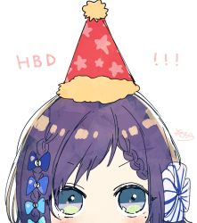 Rule 34 | 1girl, aiba uiha, blue bow, blue eyes, blush, bow, braid, braided bangs, commentary request, fur-trimmed headwear, fur trim, hair bow, happy birthday, hat, highres, looking at viewer, nijisanji, party hat, print headwear, purple hair, red hat, simple background, sofra, solo, star (symbol), star print, virtual youtuber, white background