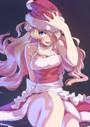 Rule 34 | 1girl, alicia (kagawa yuusaku), apron, bare shoulders, black background, blonde hair, blue eyes, blush, breasts, cleavage, collarbone, commentary, dress, frilled apron, frills, fur trim, hair bun, hair ornament, hair over one eye, hairclip, hat, highres, holding, holding clothes, holding hat, kagawa yuusaku, knee up, large breasts, long hair, looking at viewer, open mouth, original, red dress, santa costume, santa hat, shadow, single hair bun, sitting, smile, solo, thighs, two side up, waist apron, wavy hair