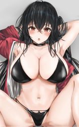Rule 34 | 1girl, armpits, arms up, artist request, azur lane, bikini, black bikini, black choker, black hair, blush, breasts, choker, cleavage, collarbone, commentary request, crossed bangs, highres, jacket, large breasts, long hair, multi-strapped bikini bottom, multiple straps, navel, no legwear, official alternate costume, open mouth, race queen, red eyes, red jacket, spread legs, swimsuit, taihou (azur lane), taihou (enraptured companion) (azur lane)