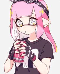 Rule 34 | 1girl, black gloves, black headband, black nails, black shirt, can, cephalopod eyes, commentary request, cross-shaped pupils, drink can, drinking, drinking straw, energy drink, eyelashes, fingerless gloves, gloves, grey eyes, headband, inkling, inkling girl, inkling player character, inuowour, long hair, looking at viewer, monster energy, nintendo, pink hair, pointy ears, shirt, simple background, soda can, solo, splatoon (series), splatoon 3, symbol-shaped pupils, upper body, white background