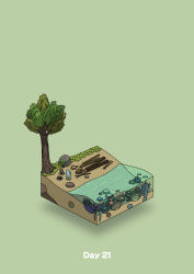 Rule 34 | absurdres, beach, boulder, campfire, commentary request, coral, diorama, fish, gozz, green background, highres, isometric, log, ocean, original, rope, tree