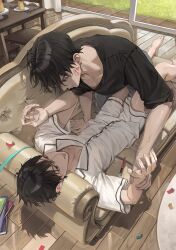 Rule 34 | 2boys, black eyes, black hair, black shirt, couch, drawing on another&#039;s face, feet, food, foot out of frame, grass, hand on another&#039;s arm, highres, huh 1222, indoors, kim dokja, living room, male focus, multiple boys, omniscient reader&#039;s viewpoint, on couch, pajamas, parted lips, pectoral cleavage, pectorals, pen, plate, shirt, short hair, short sleeves, shorts, sweatdrop, table, teeth, white shirt, white shorts, window, wooden floor, wooden table, yaoi, yoo joonghyuk