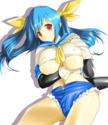 Rule 34 | 1girl, arc system works, blue sailor collar, breasts, covered erect nipples, denim, denim shorts, dizzy (guilty gear), guilty gear, guilty gear xx, hair ribbon, hima, huge breasts, large breasts, long hair, pirate, ribbon, sailor collar, short shorts, shorts, simple background, solo, underboob, white background