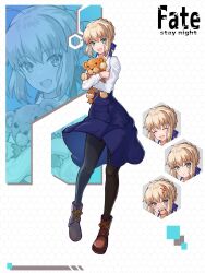 Rule 34 | 1girl, :d, ahoge, artoria pendragon (all), artoria pendragon (fate), blonde hair, blue skirt, boots, fate/stay night, fate (series), green eyes, highres, holding, holding stuffed toy, honeycomb (pattern), honeycomb background, kore (kore), lion, open mouth, saber (fate), sharp teeth, skirt, smile, solo, stuffed animal, stuffed lion, stuffed toy, teeth