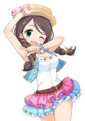 Rule 34 | 1girl, akanishi erika, arm up, belt, blue jacket, blush, bracelet, braid, breasts, brown belt, brown hair, buchi (y0u0ri ), cleavage, collarbone, dot nose, frilled skirt, frills, green eyes, hat, highres, idolmaster, idolmaster cinderella girls, idolmaster cinderella girls starlight stage, index finger raised, jacket, jewelry, large breasts, layered shirt, long hair, looking at viewer, multicolored clothes, multicolored skirt, one eye closed, open clothes, open jacket, open mouth, pink ribbon, polka dot, polka dot ribbon, ribbon, scrunchie, shirt, simple background, skirt, smile, solo, standing, thighs, twin braids, white background, white shirt
