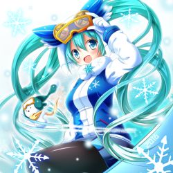 Rule 34 | 1girl, black pantyhose, blue eyes, blue hair, gloves, goggles, goggles on head, hair ornament, hatsune miku, highres, long hair, long sleeves, looking at viewer, matching hair/eyes, open mouth, osashin (osada), pantyhose, shirt, skirt, smile, solo, twintails, very long hair, vocaloid, white gloves