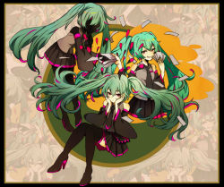 Rule 34 | 1girl, 3girls, boots, detached sleeves, green hair, grin, hatsune miku, high heels, long hair, mousou zei (vocaloid), multiple girls, necktie, paper, red eyes, saitamax, sitting, skirt, smile, thigh boots, thighhighs, twintails, very long hair, vocaloid