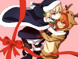 Rule 34 | ahoge, alternate costume, animal costume, antlers, artoria pendragon (all), artoria pendragon (fate), black footwear, blonde hair, blush, boots, bow, bowtie, cape, commentary request, fate/grand order, fate (series), fujimaru ritsuka (female), fur trim, hair bow, hat, hood, hoodie, horns, hug, looking at another, looking at viewer, oiun, orange eyes, orange hair, pantyhose, pink background, red bow, red nose, red ribbon, reindeer antlers, reindeer costume, ribbon, saber alter, santa alter, santa hat, yellow eyes, yuri